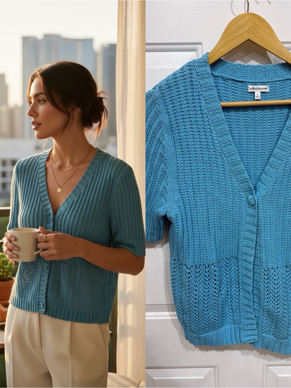 Croft & Barrow Women’s Large Blue Cotton Short Sleeve Knit Cardigan
